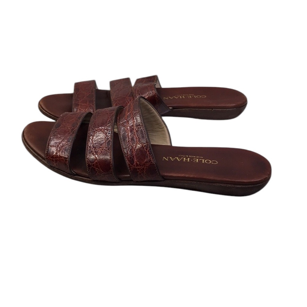 COLE HAAN BROWN LEATHER MOC CROC STRAPPY FLAT Sandals Slides WOMEN SZ 6.5B ITALY - Picture 3 of 16